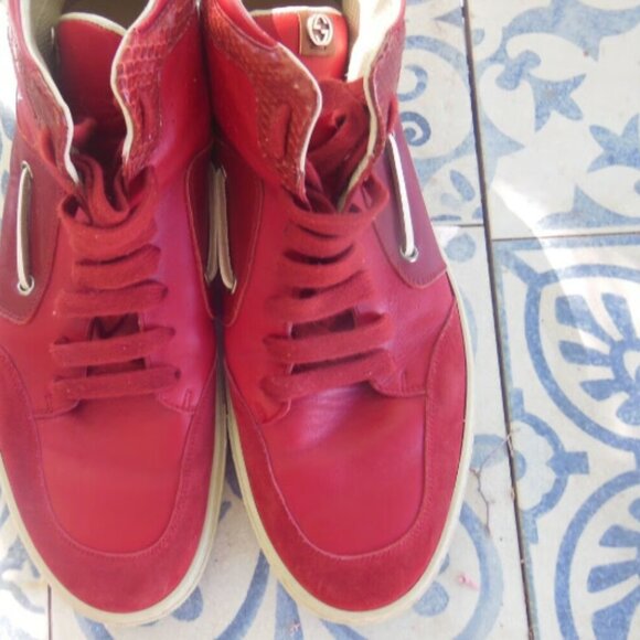 GUCCI Men\'s Red Leather Suede Hi High Top Sneakers 309520 Size 10.5 main image 9